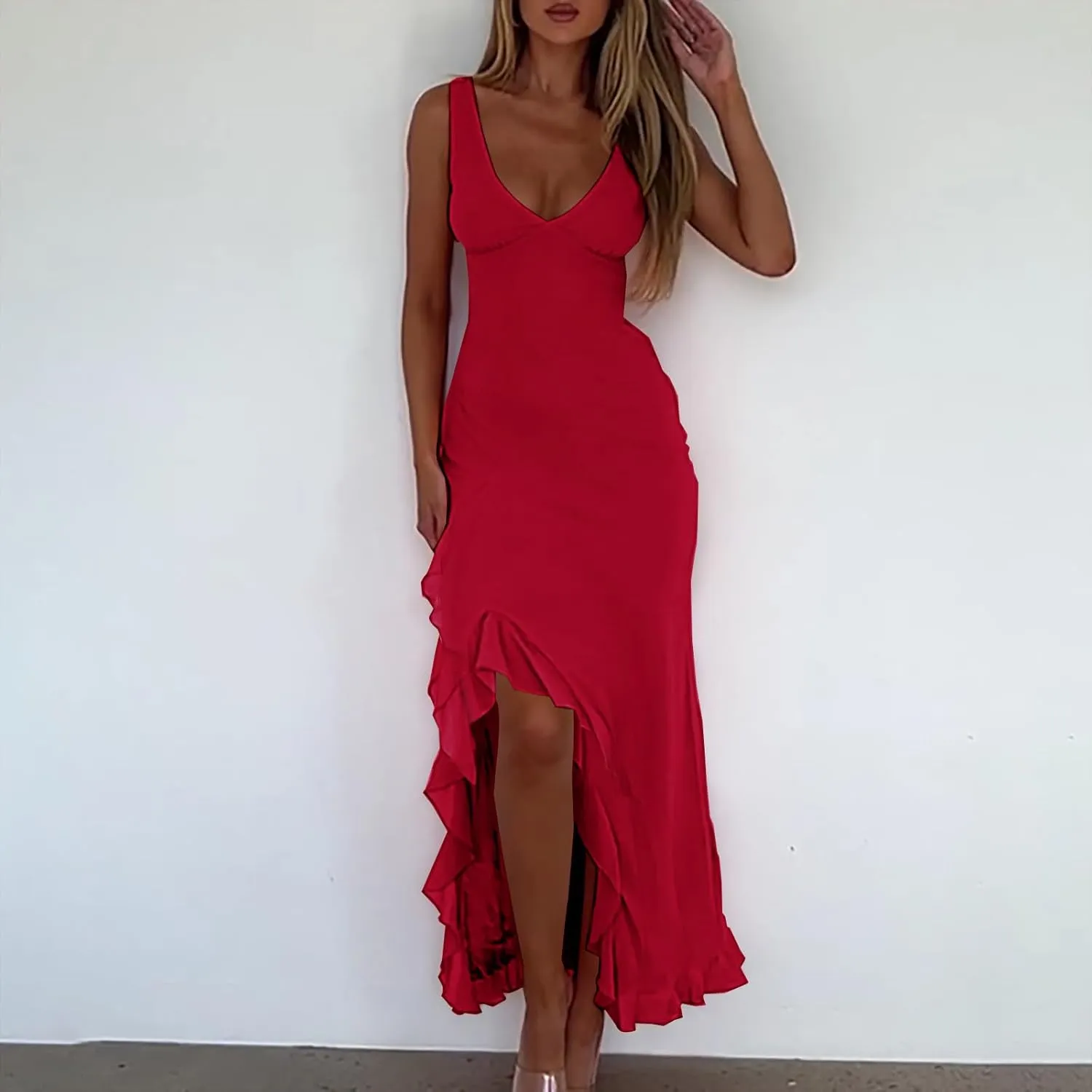 Women Summer Trendy Maxi Dresses Sleeveless Fit Flare Dress Hide Tummy Wrap V-Neck Ruffle Mesh Hem Long Sundress Elegant