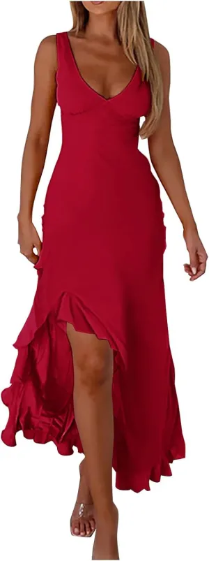 Women Summer Trendy Maxi Dresses Sleeveless Fit Flare Dress Hide Tummy Wrap V-Neck Ruffle Mesh Hem Long Sundress Elegant