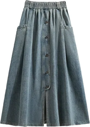 Women Vintage Denim Maxi Skirt Frayed Raw Hem High Waist A-Line Long Jean Skirt 2025 Summer Streetwear with Pockets
