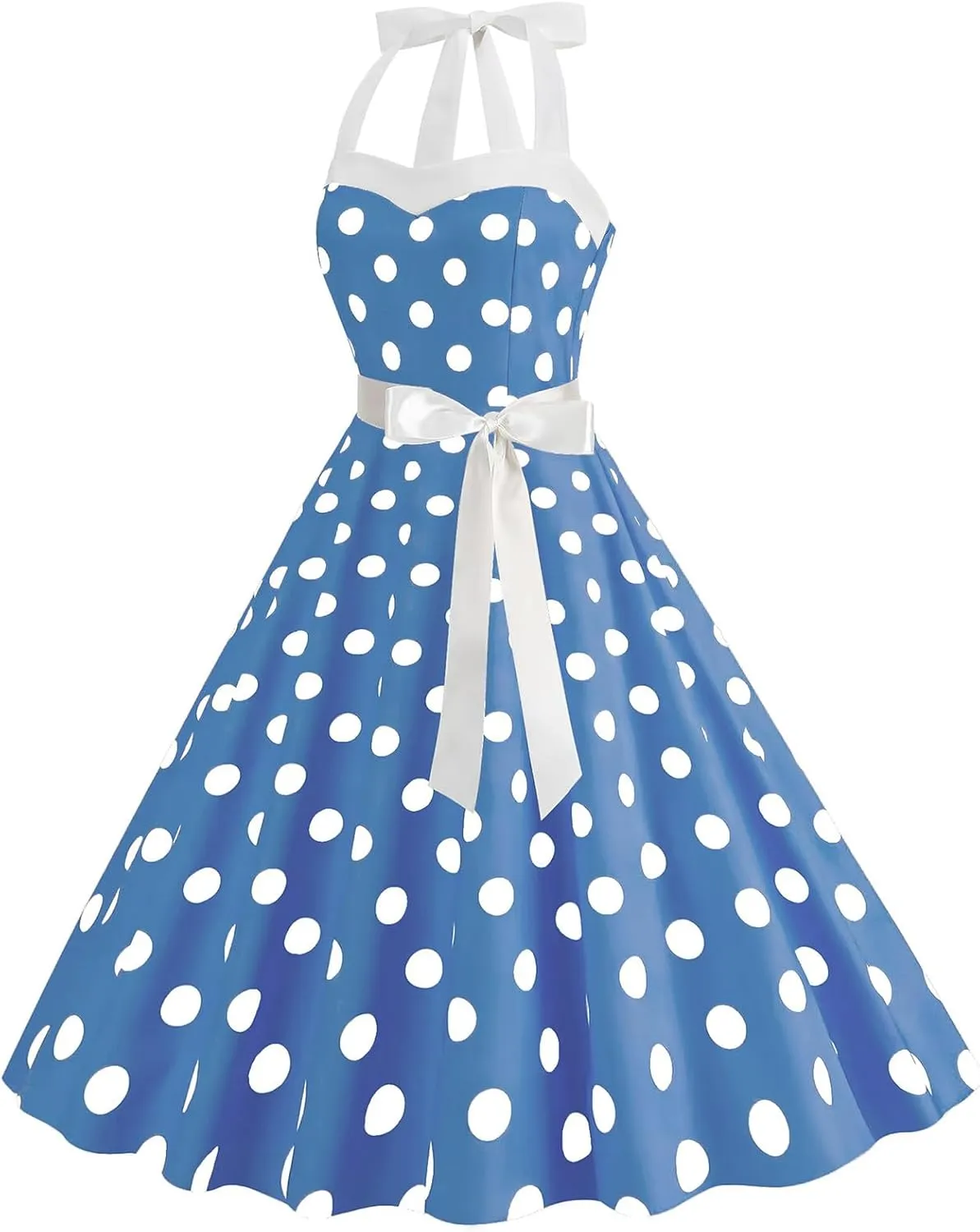 Women's 1950s Polka Dot Swing Dress Halter Neck Vintage Rockabilly A-Line Cocktail Party Dresses with Bow
