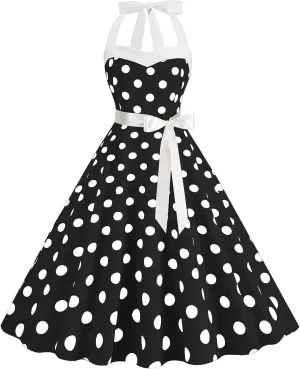 Women's 1950s Polka Dot Swing Dress Halter Neck Vintage Rockabilly A-Line Cocktail Party Dresses with Bow