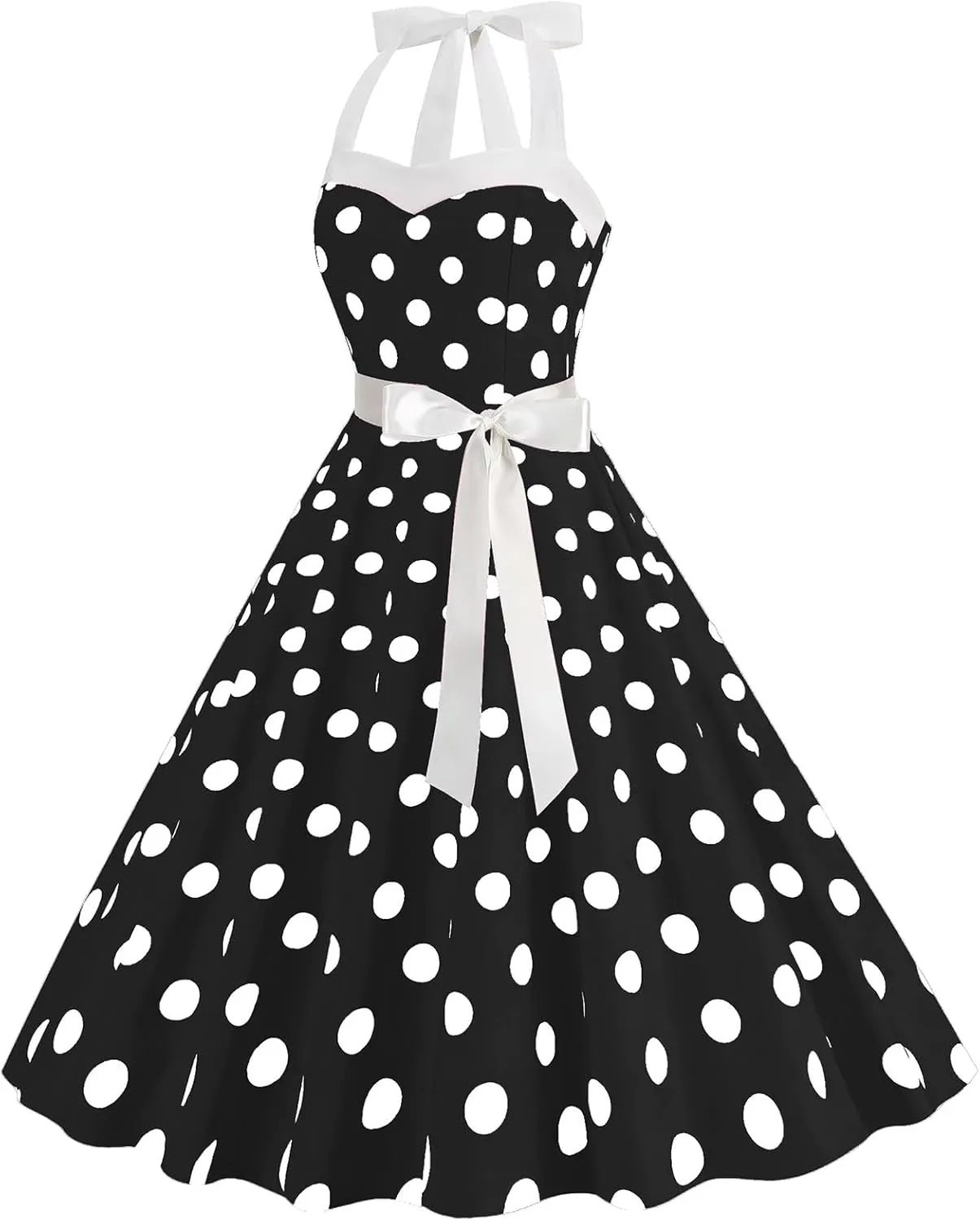 Women's 1950s Polka Dot Swing Dress Halter Neck Vintage Rockabilly A-Line Cocktail Party Dresses with Bow