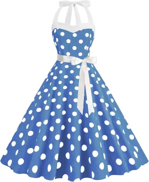 Women's 1950s Polka Dot Swing Dress Halter Neck Vintage Rockabilly A-Line Cocktail Party Dresses with Bow