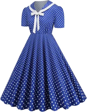 Women's 1950s Vintage Audrey Hepburn Style Cocktail Party Swing Dresses Lapel Short Sleeve Polka Dot Midi Tea Dress