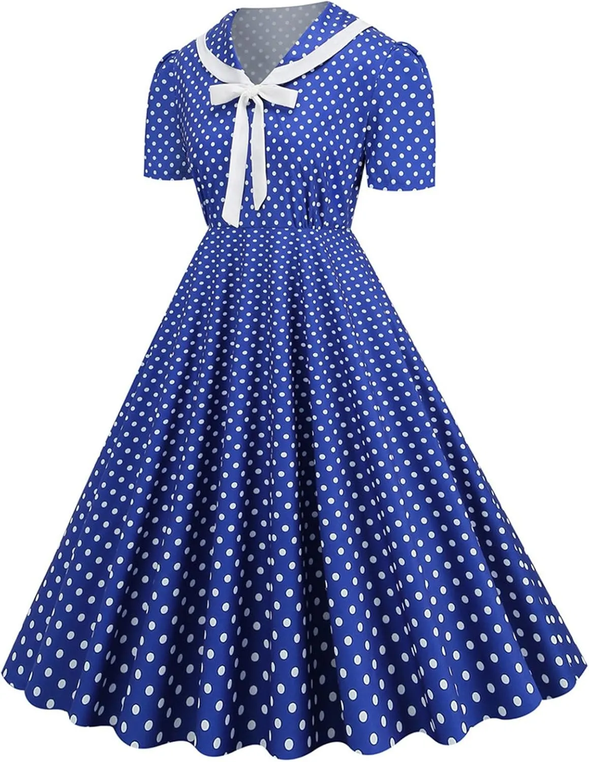 Women's 1950s Vintage Audrey Hepburn Style Cocktail Party Swing Dresses Lapel Short Sleeve Polka Dot Midi Tea Dress