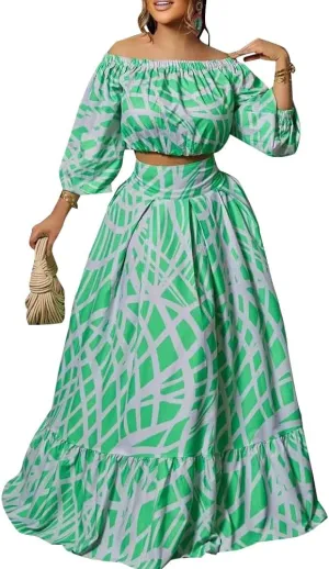 Womens 2 Piece Plus Size Maxi Dress A-Line Baggy Long Sleeve Boho Dresses Crewneck High Waist Wedding Floral Outfit