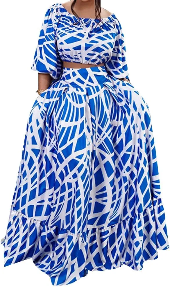 Womens 2 Piece Plus Size Maxi Dress A-Line Baggy Long Sleeve Boho Dresses Crewneck High Waist Wedding Floral Outfit