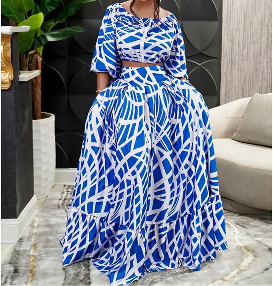 Womens 2 Piece Plus Size Maxi Dress A-Line Baggy Long Sleeve Boho Dresses Crewneck High Waist Wedding Floral Outfit