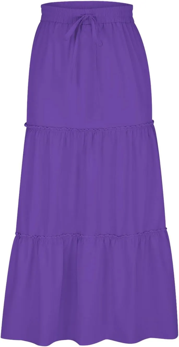 Women's 2024 Bohemian Skirt Casual Elastic High Waist Ruffle Tiered Long Skirt A Line Beach Dress Summer Skirts