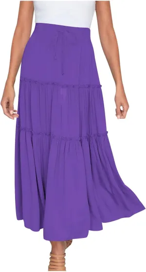 Women's 2024 Bohemian Skirt Casual Elastic High Waist Ruffle Tiered Long Skirt A Line Beach Dress Summer Skirts