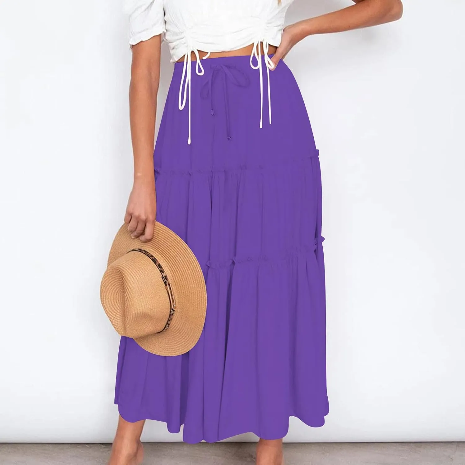 Women's 2024 Bohemian Skirt Casual Elastic High Waist Ruffle Tiered Long Skirt A Line Beach Dress Summer Skirts