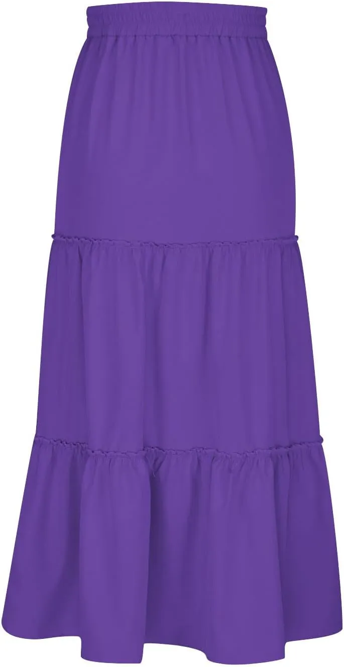 Women's 2024 Bohemian Skirt Casual Elastic High Waist Ruffle Tiered Long Skirt A Line Beach Dress Summer Skirts