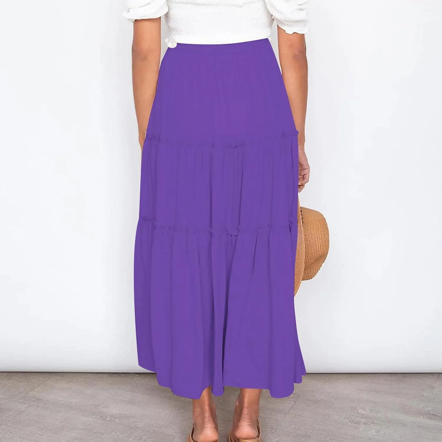 Women's 2024 Bohemian Skirt Casual Elastic High Waist Ruffle Tiered Long Skirt A Line Beach Dress Summer Skirts