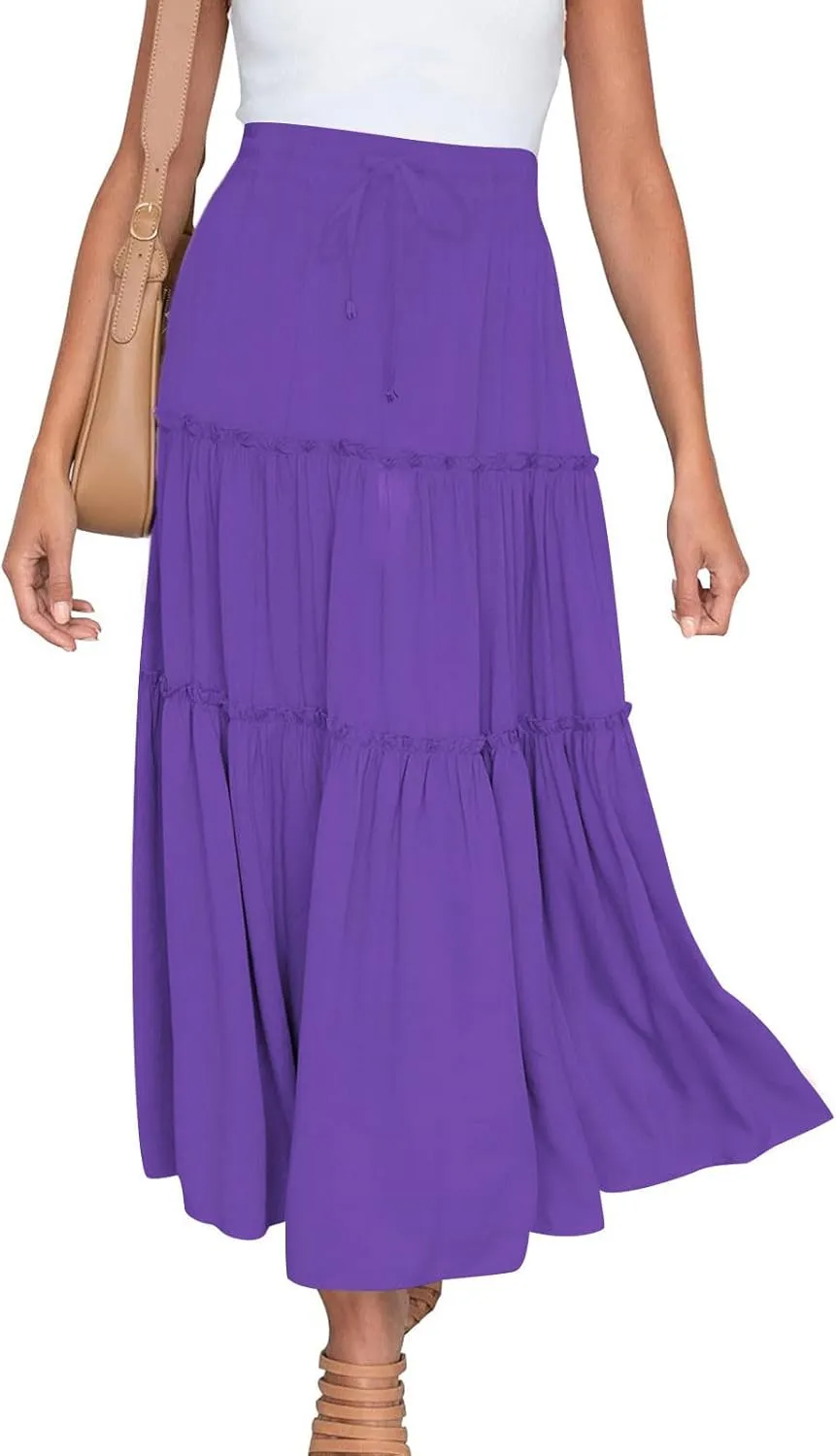 Women's 2024 Bohemian Skirt Casual Elastic High Waist Ruffle Tiered Long Skirt A Line Beach Dress Summer Skirts
