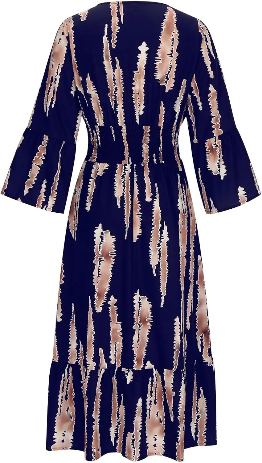 Womens 2024 Boho Print Midi Vacation Dress Summer Bell Sleeve Deep V Neck Smocked High Waist Tiered Ruffle Beach Dresses