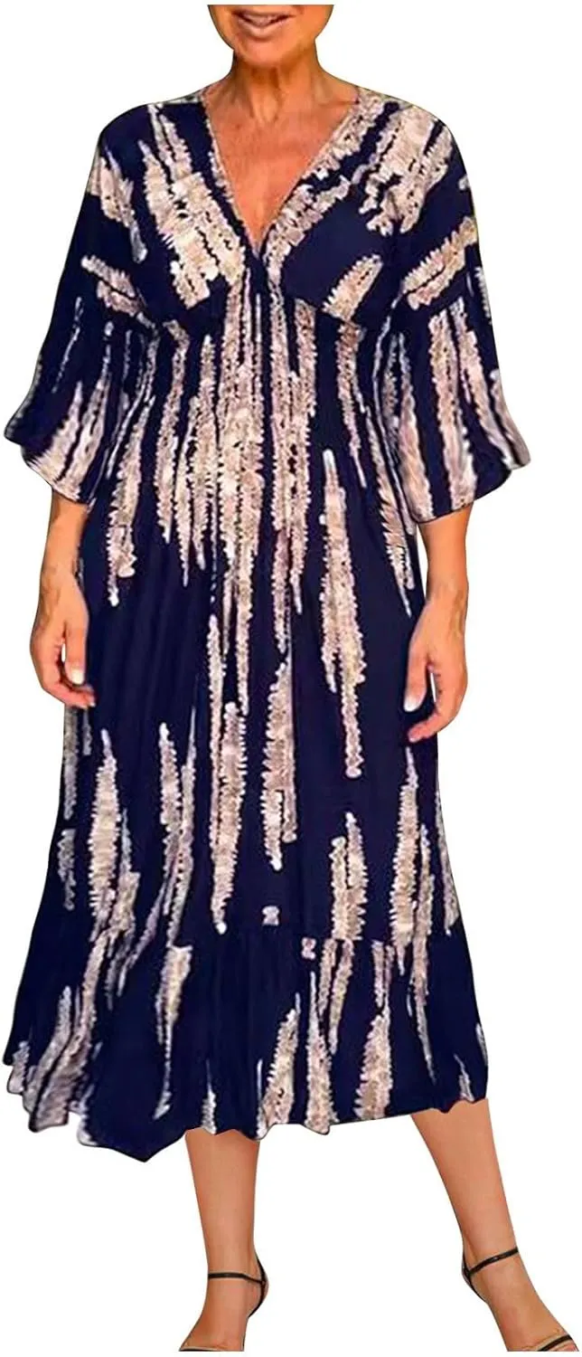Womens 2024 Boho Print Midi Vacation Dress Summer Bell Sleeve Deep V Neck Smocked High Waist Tiered Ruffle Beach Dresses