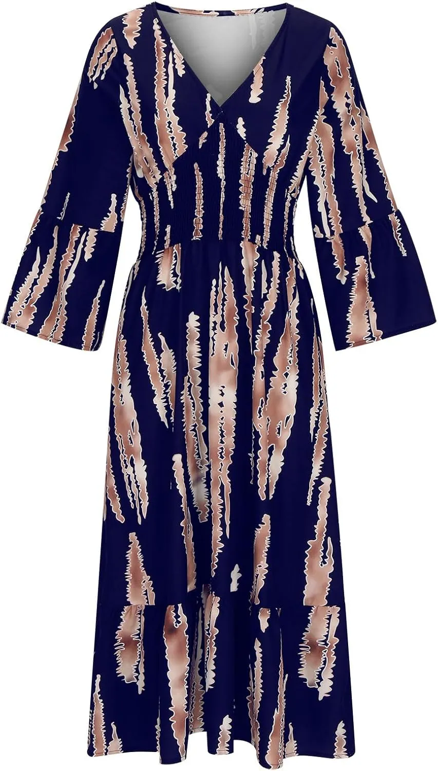 Womens 2024 Boho Print Midi Vacation Dress Summer Bell Sleeve Deep V Neck Smocked High Waist Tiered Ruffle Beach Dresses