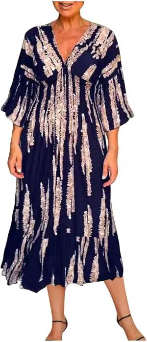 Womens 2024 Boho Print Midi Vacation Dress Summer Bell Sleeve Deep V Neck Smocked High Waist Tiered Ruffle Beach Dresses