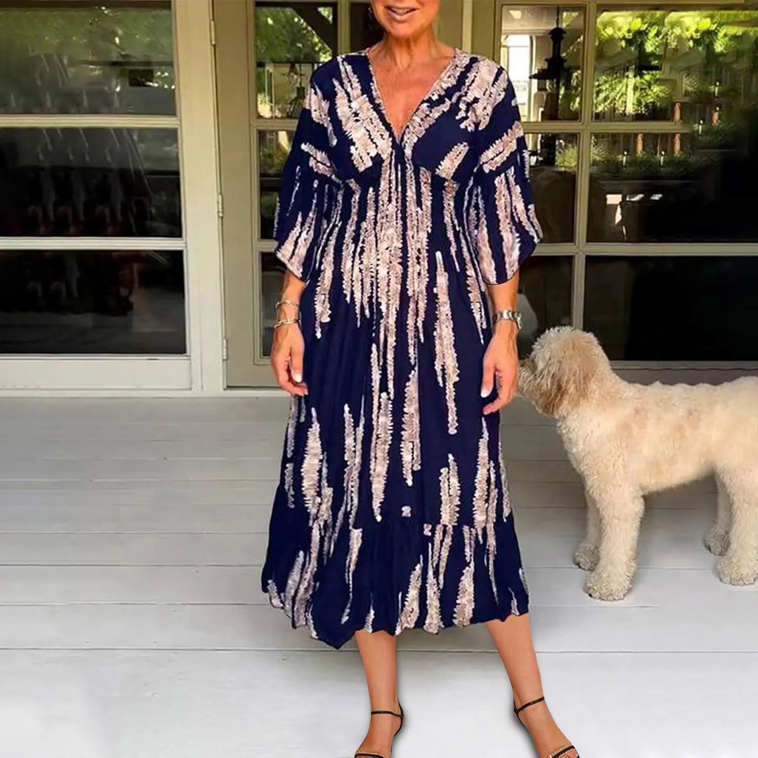Womens 2024 Boho Print Midi Vacation Dress Summer Bell Sleeve Deep V Neck Smocked High Waist Tiered Ruffle Beach Dresses
