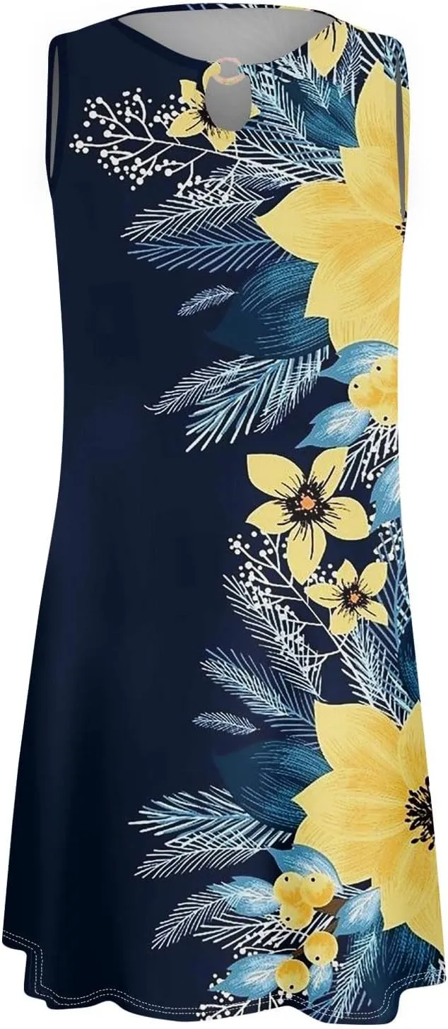 Women's 2024 Summer Floral Mini Dress Sleeveless Ruffle Boho Beach Vacation Short Tank Sundresses