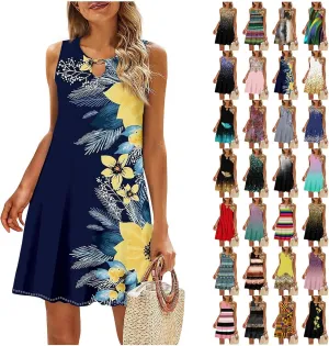 Women's 2024 Summer Floral Mini Dress Sleeveless Ruffle Boho Beach Vacation Short Tank Sundresses
