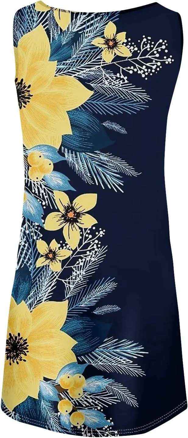 Women's 2024 Summer Floral Mini Dress Sleeveless Ruffle Boho Beach Vacation Short Tank Sundresses
