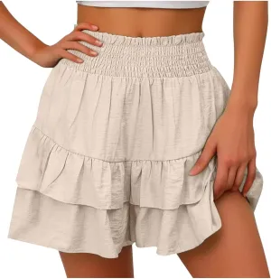 Women's 2025 Bohemian Stretch Waist Solid Pleated Flared Ruffle Mini Skater Skirt, S-2XL