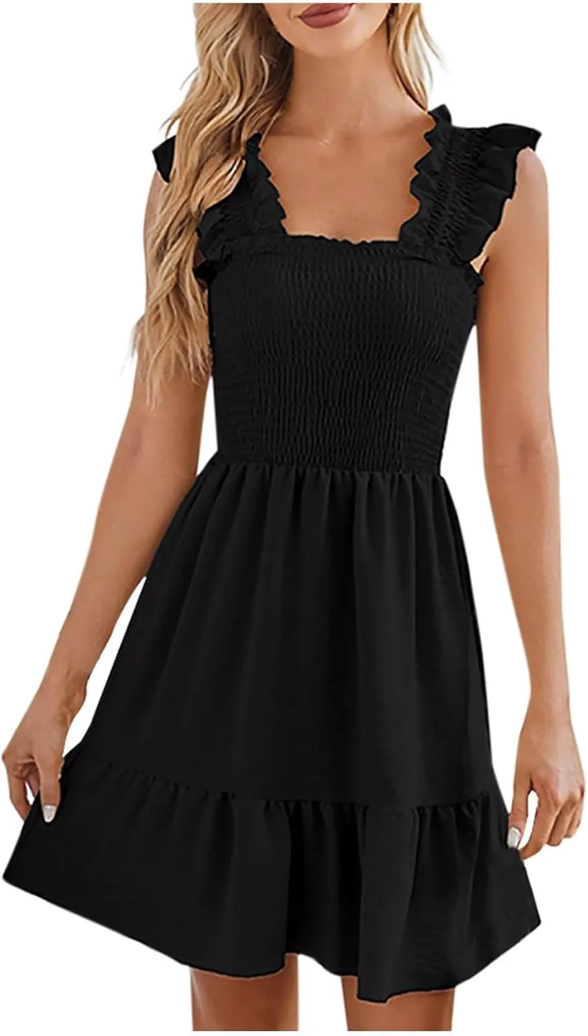 Womens 2025 Casual Dress Smocked Square Neck Sleeveless Boho A-Line Mini Dress Summer Strap Ruffle Swing Dresses