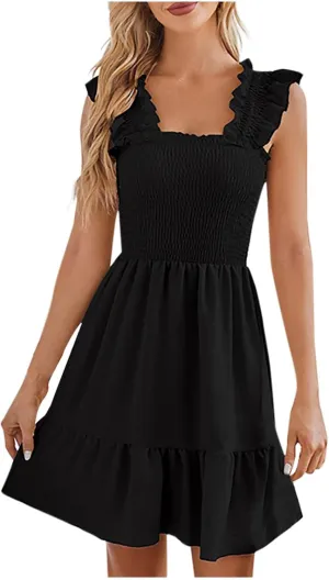 Womens 2025 Casual Dress Smocked Square Neck Sleeveless Boho A-Line Mini Dress Summer Strap Ruffle Swing Dresses
