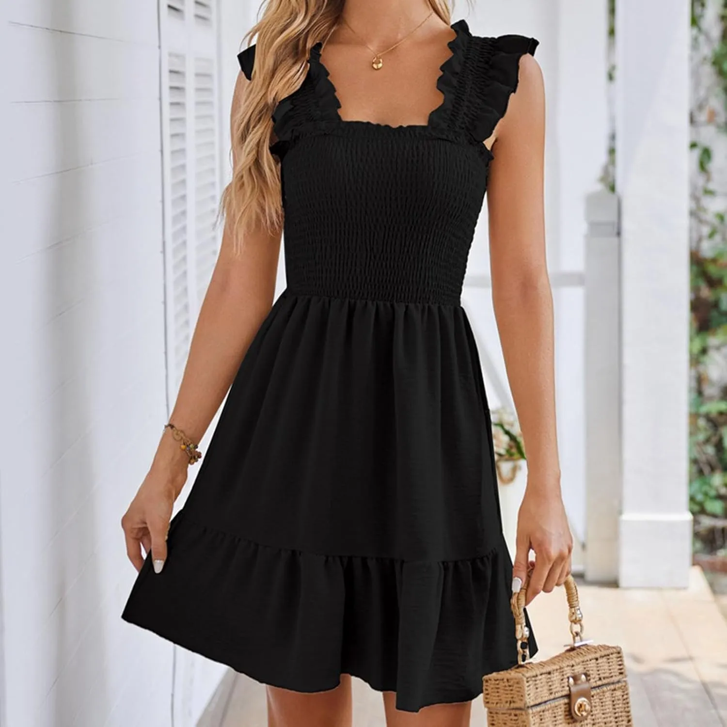 Womens 2025 Casual Dress Smocked Square Neck Sleeveless Boho A-Line Mini Dress Summer Strap Ruffle Swing Dresses