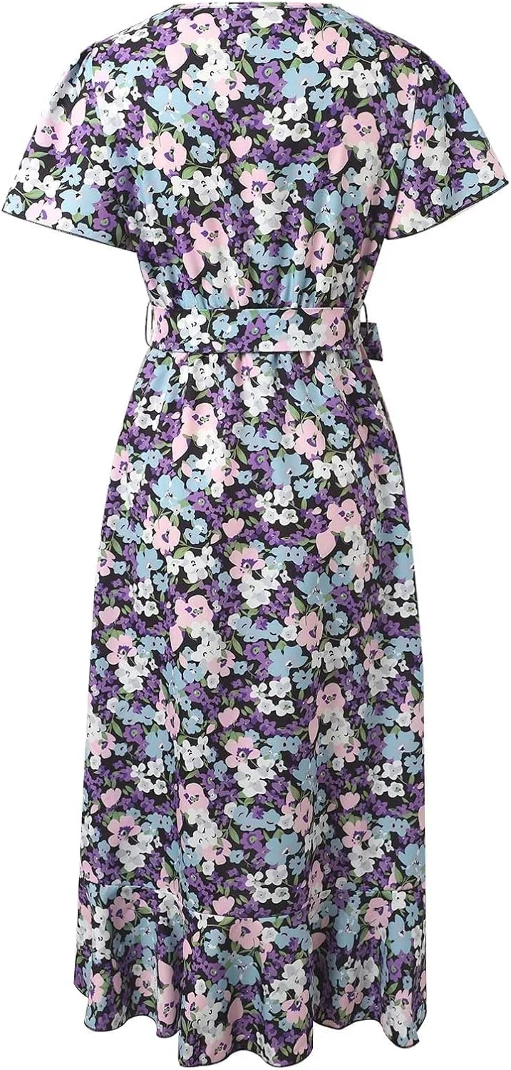 Women's 2025 Floral Spring Maxi Dress, Summer Long Sleeve V-Neck Empire Waist Dress, Flowy Wedding Guest Dresses
