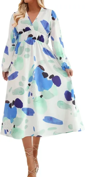 Women's 2025 Floral Spring Maxi Dress, Summer Long Sleeve V-Neck Empire Waist Dress, Flowy Wedding Guest Dresses