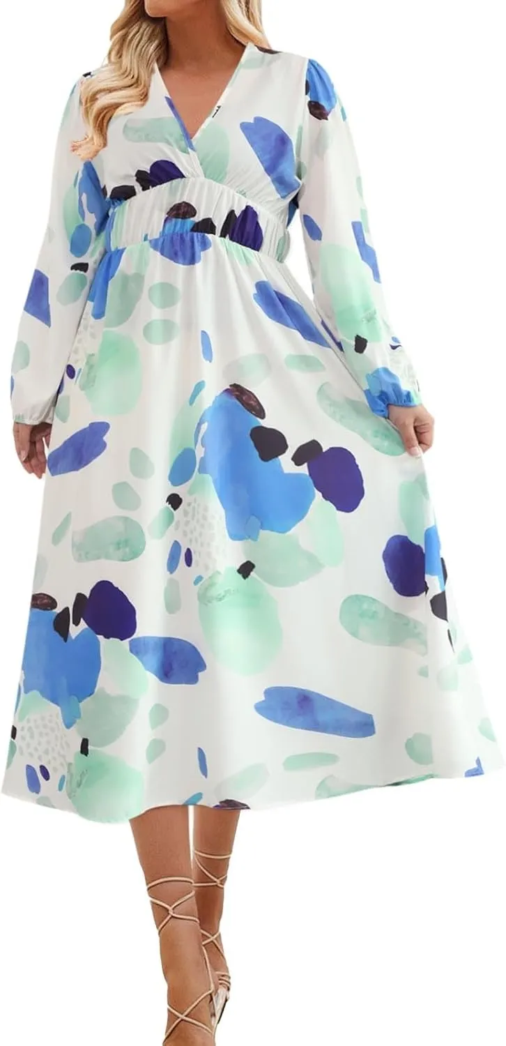 Women's 2025 Floral Spring Maxi Dress, Summer Long Sleeve V-Neck Empire Waist Dress, Flowy Wedding Guest Dresses