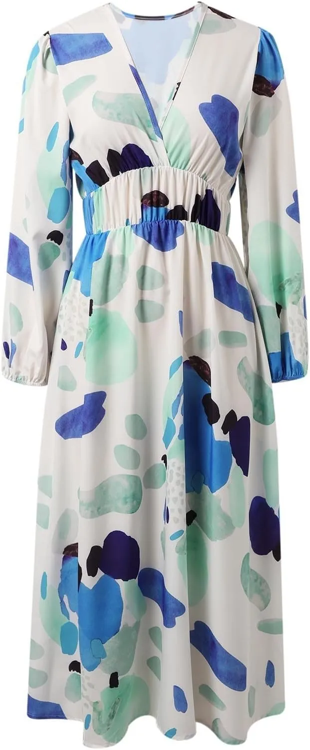 Women's 2025 Floral Spring Maxi Dress, Summer Long Sleeve V-Neck Empire Waist Dress, Flowy Wedding Guest Dresses