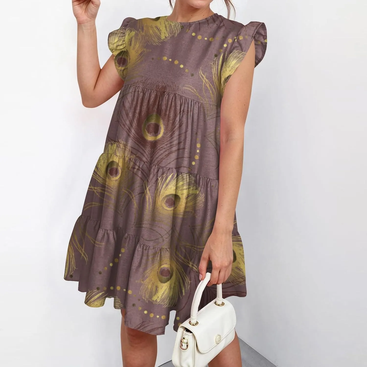 Womens 2025 Floral Summer Dress Crewneck Ruffled Hem Geometric Print Sundress with Stretchy Waist Beach Vacations