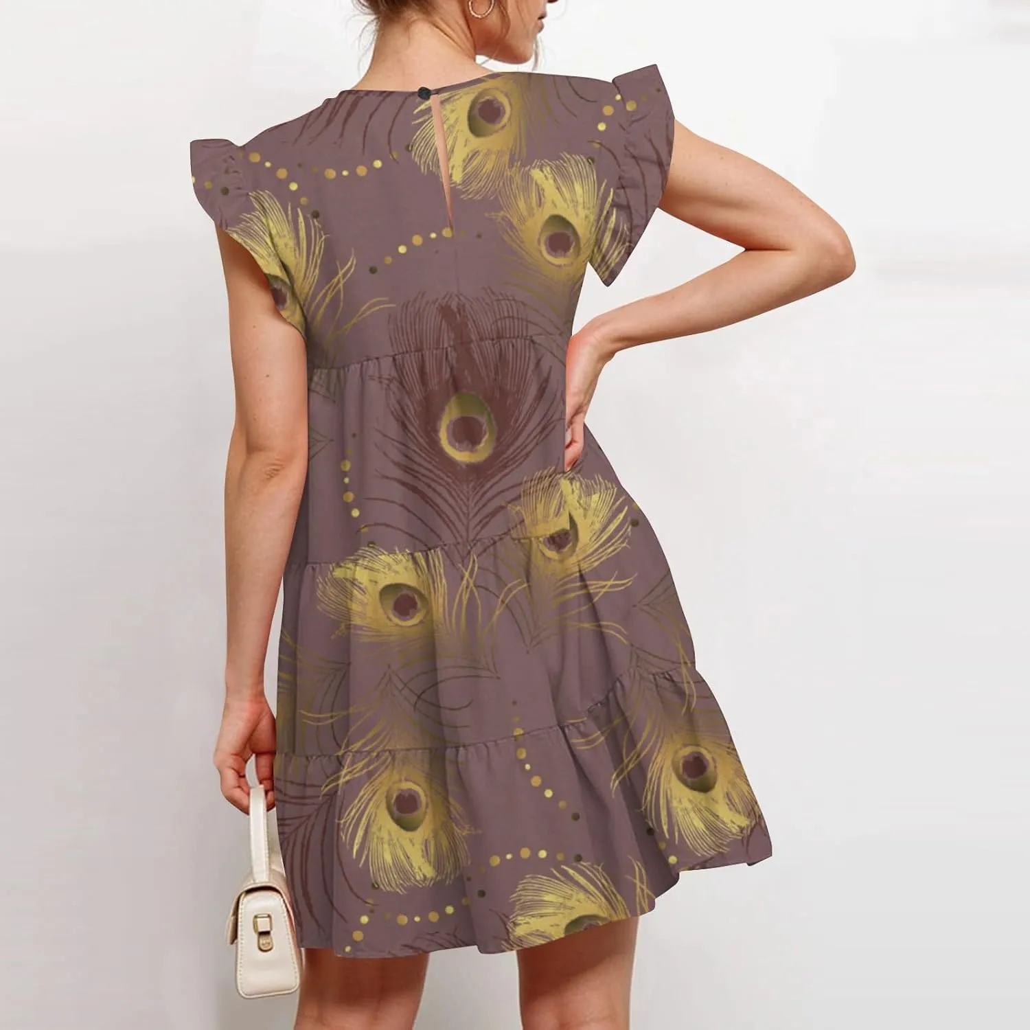 Womens 2025 Floral Summer Dress Crewneck Ruffled Hem Geometric Print Sundress with Stretchy Waist Beach Vacations
