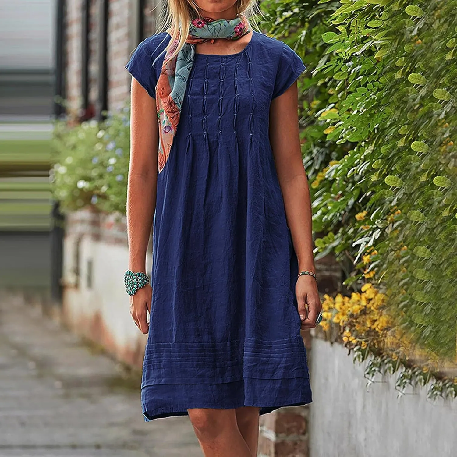 Women's 2025 Plus Size Cap Sleeve Pleated Summer Dresses Cotton Linen Midi Dress Vacation Round Neck Casual Dress