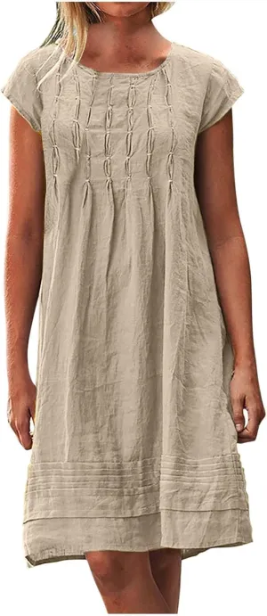 Women's 2025 Plus Size Cap Sleeve Pleated Summer Dresses Cotton Linen Midi Dress Vacation Round Neck Casual Dress