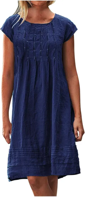 Women's 2025 Plus Size Cap Sleeve Pleated Summer Dresses Cotton Linen Midi Dress Vacation Round Neck Casual Dress