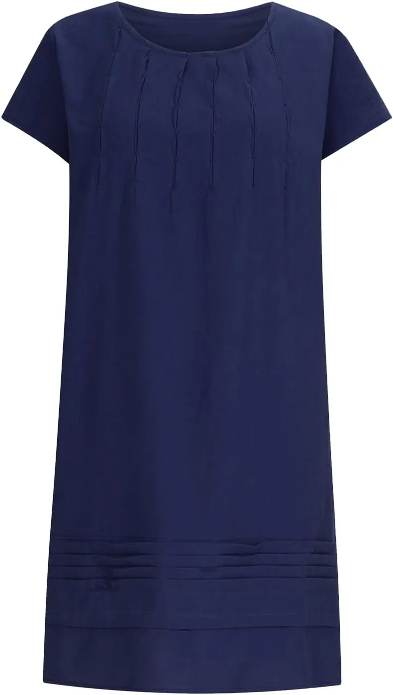 Women's 2025 Plus Size Cap Sleeve Pleated Summer Dresses Cotton Linen Midi Dress Vacation Round Neck Casual Dress