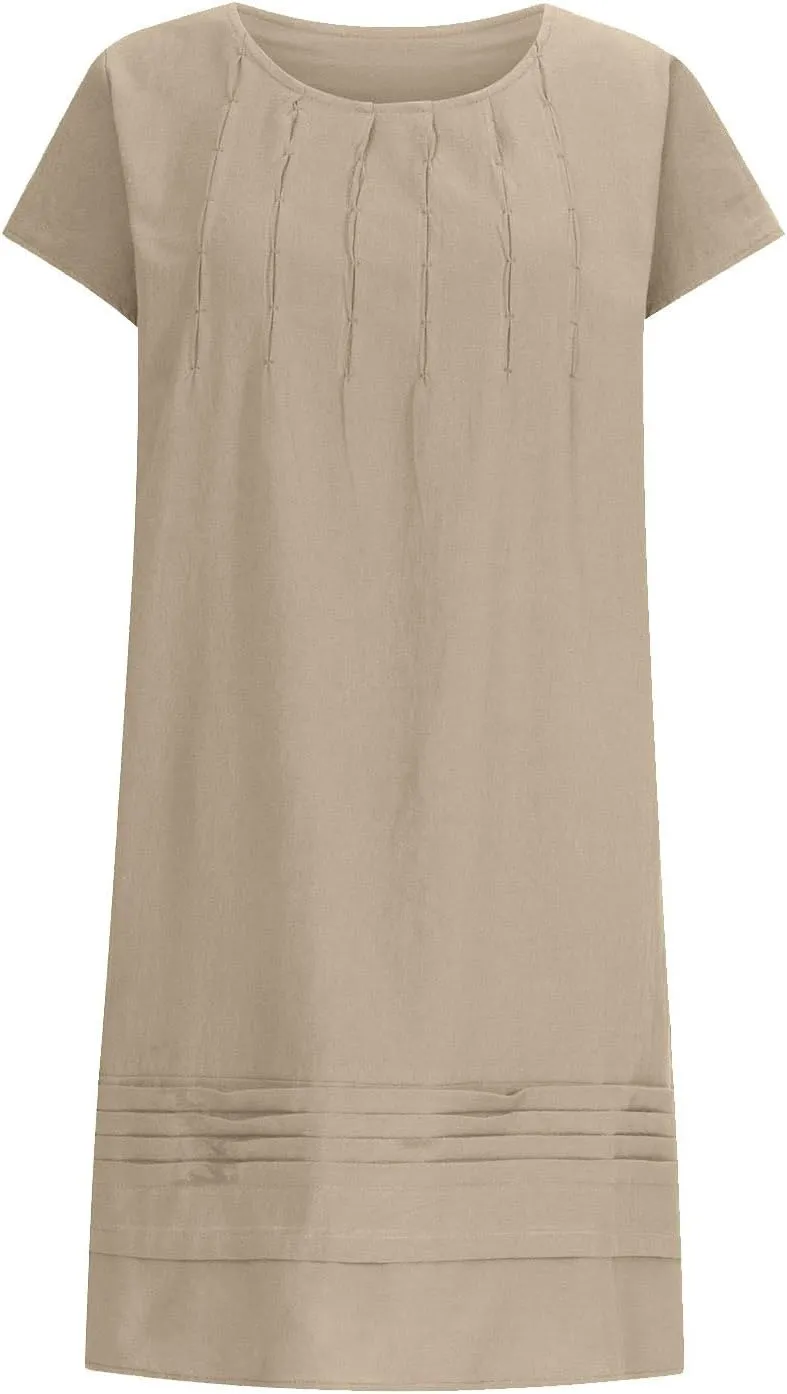 Women's 2025 Plus Size Cap Sleeve Pleated Summer Dresses Cotton Linen Midi Dress Vacation Round Neck Casual Dress