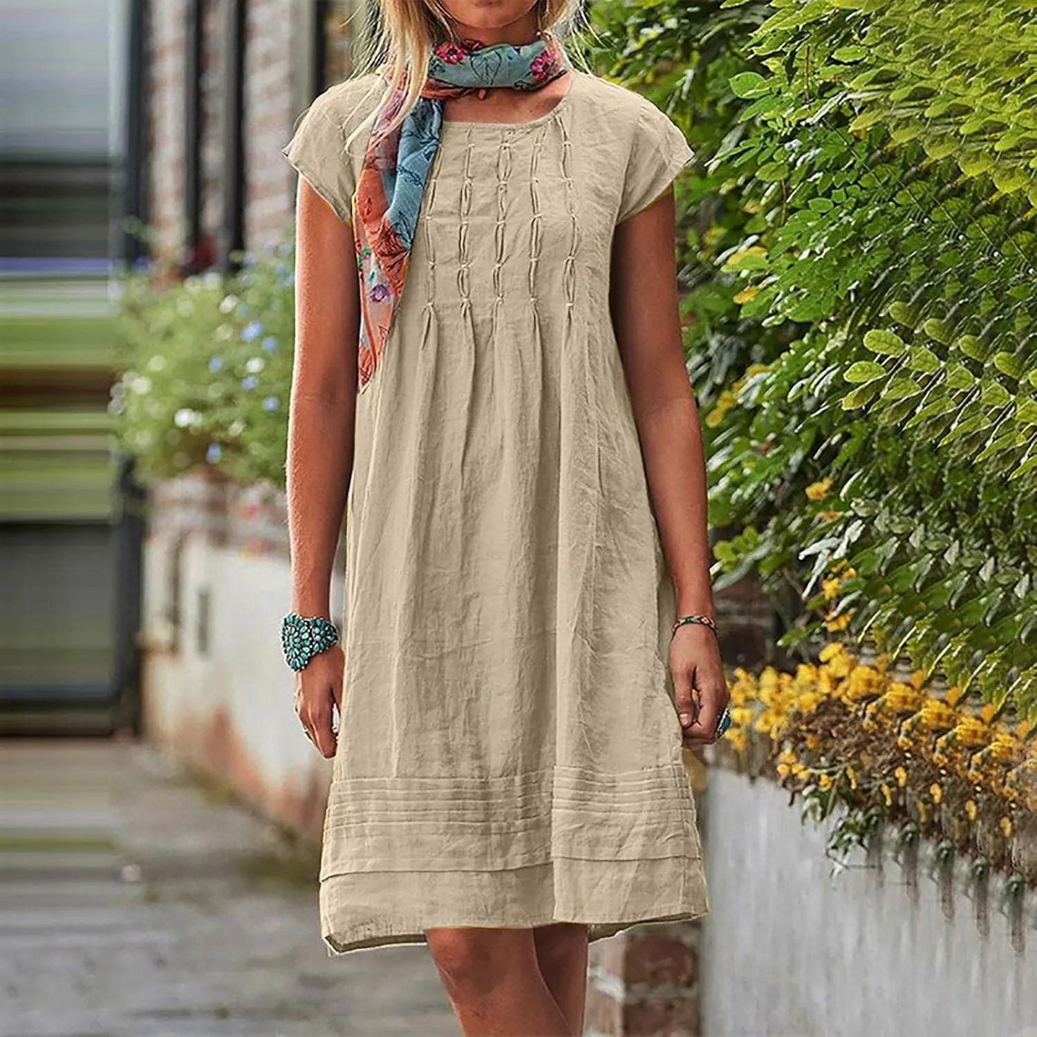 Women's 2025 Plus Size Cap Sleeve Pleated Summer Dresses Cotton Linen Midi Dress Vacation Round Neck Casual Dress