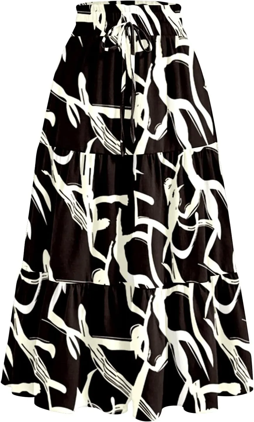 Women's 2025 Spring Summer High Waist Boho Floral Casual Flowy A Line Beach Long Skirts, S-2XL