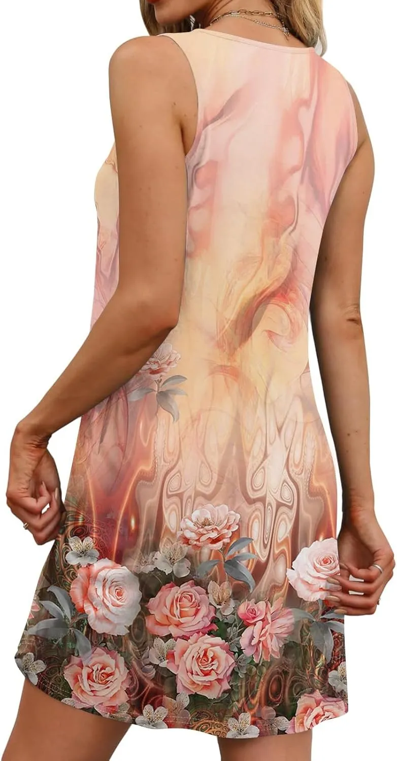 Womens 2025 Summer Boho Casual Cotton Dresses with Pockets U Neck Sleeveless Dress Beach Party Smocked Flowy Dresses