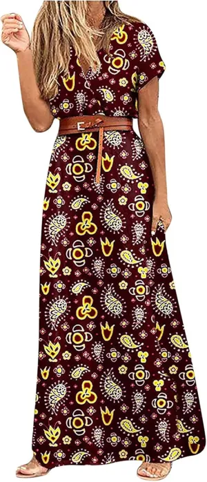 Women's 2025 Summer Boho Dresses Floral Short Sleeve Maxi Dress Sexy V Neck Swing Dress Slit Long Dresses Sundresses