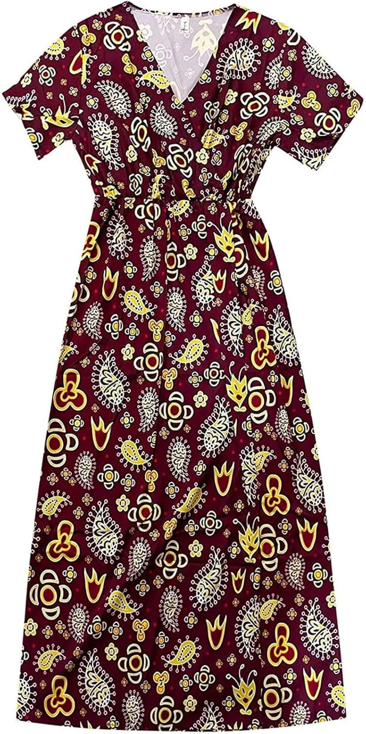 Women's 2025 Summer Boho Dresses Floral Short Sleeve Maxi Dress Sexy V Neck Swing Dress Slit Long Dresses Sundresses