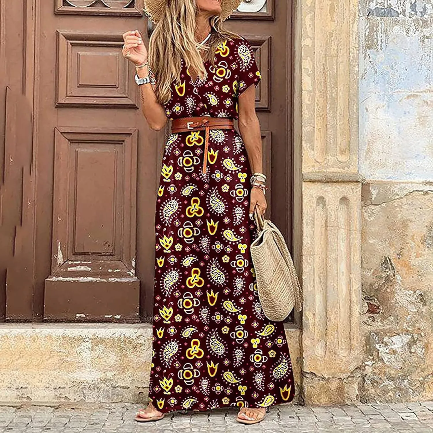 Women's 2025 Summer Boho Dresses Floral Short Sleeve Maxi Dress Sexy V Neck Swing Dress Slit Long Dresses Sundresses