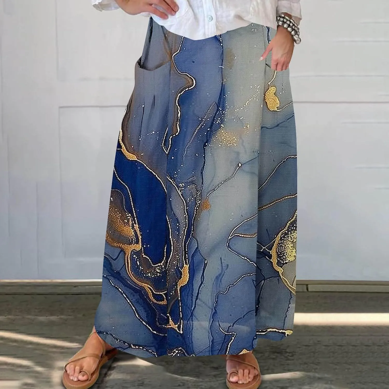 Womens 2025 Summer Boho Skirts Floral Print Midi Skirt with Pocket Plus Size Loose Flowy Beach Skirts