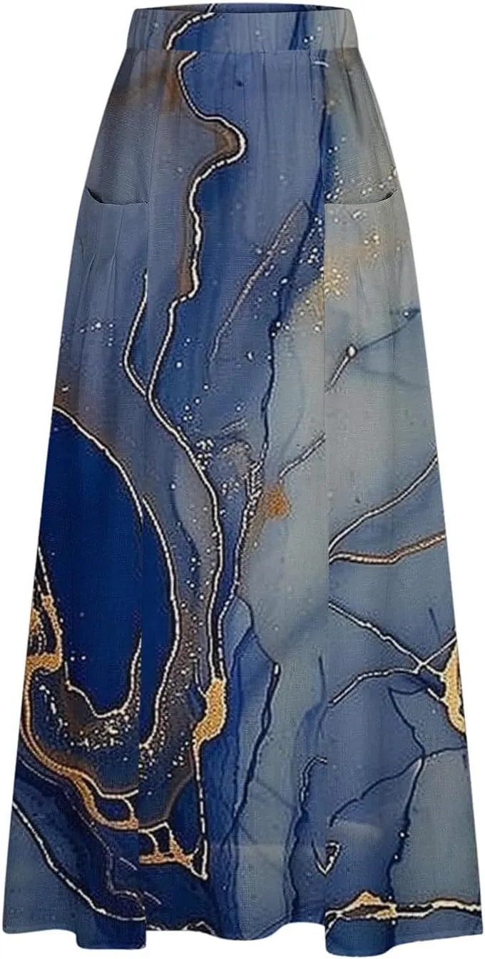 Womens 2025 Summer Boho Skirts Floral Print Midi Skirt with Pocket Plus Size Loose Flowy Beach Skirts