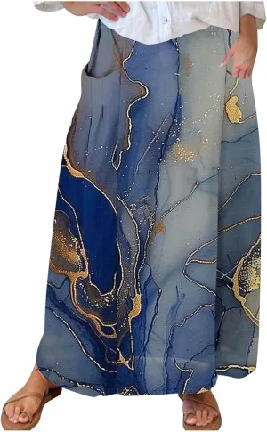 Womens 2025 Summer Boho Skirts Floral Print Midi Skirt with Pocket Plus Size Loose Flowy Beach Skirts